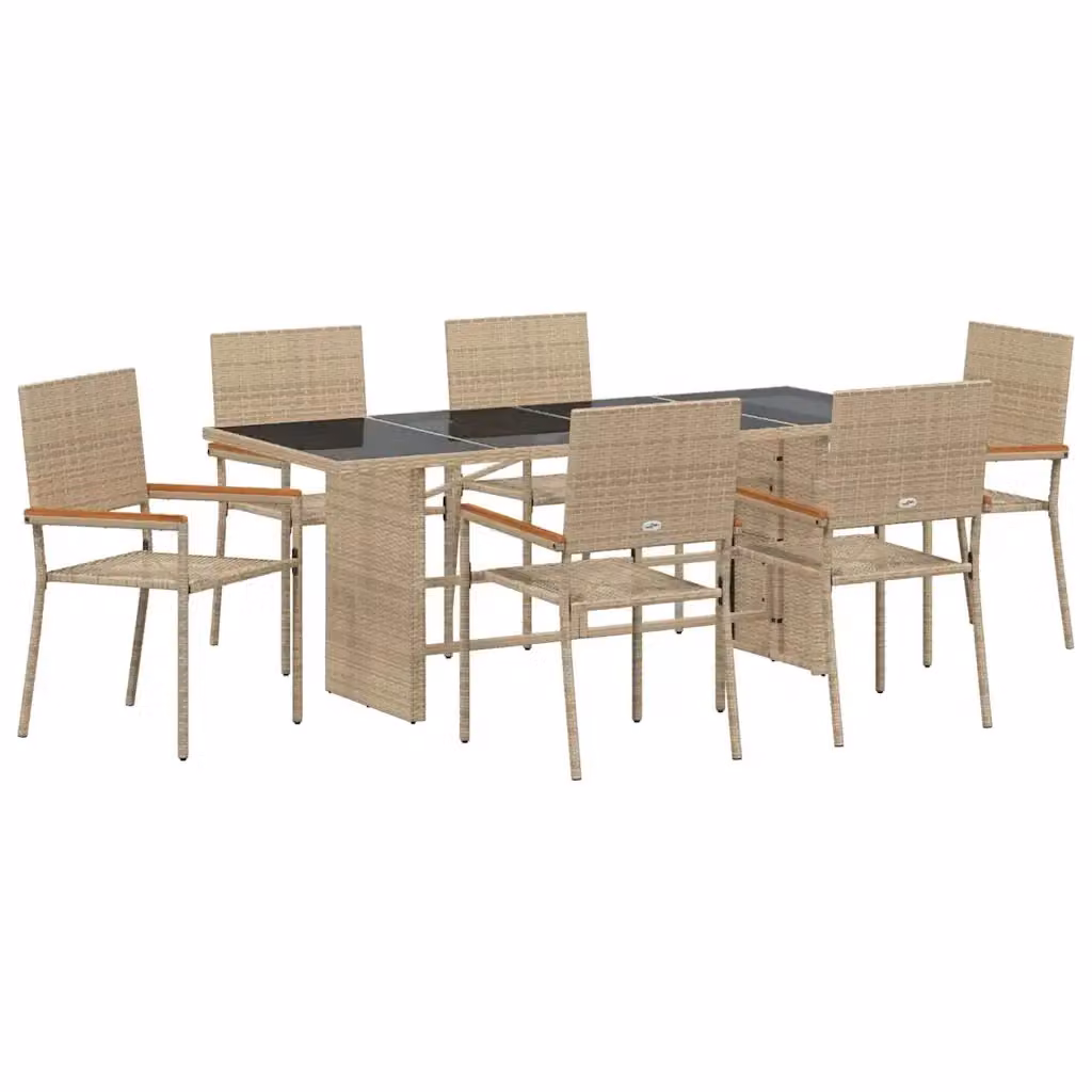 Set da pranzo per giardino e terrazzo vidaXL in polyrattan beige e marrone con tavolo in vetro e legno di acacia, 7 pezzi – 2