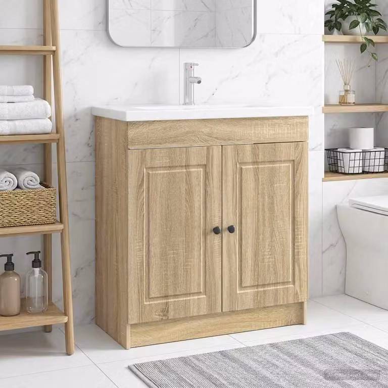 Mobiletto da bagno sotto il lavello vidaXL Rovere Sonoma, colore marrone, con ante a battente e ripiani interni, L: 81,0 cm, P: 37,5 cm, H: 56,0 cm