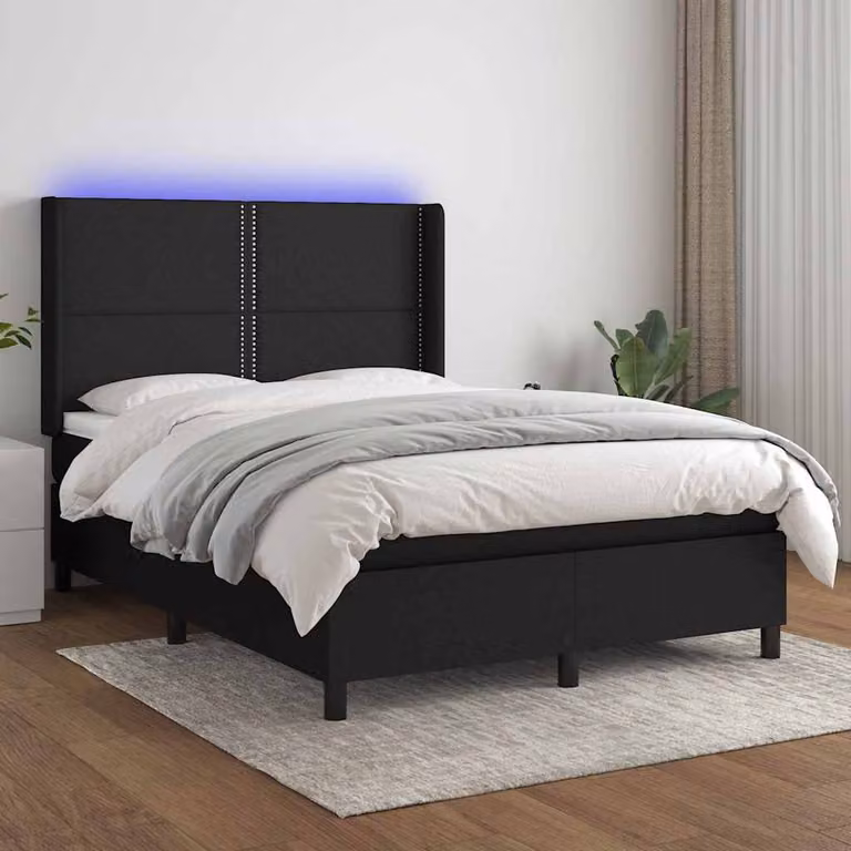 Letto a molle vidaXL con illuminazione LED e porta USB in tessuto nero L/P/H: 203 x 140 x 128 cm