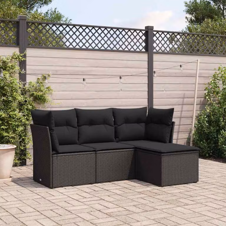 Set di divani da giardino vidaXL in polyrattan nero con cuscini, forma a L con pouf e struttura in metallo per esterni