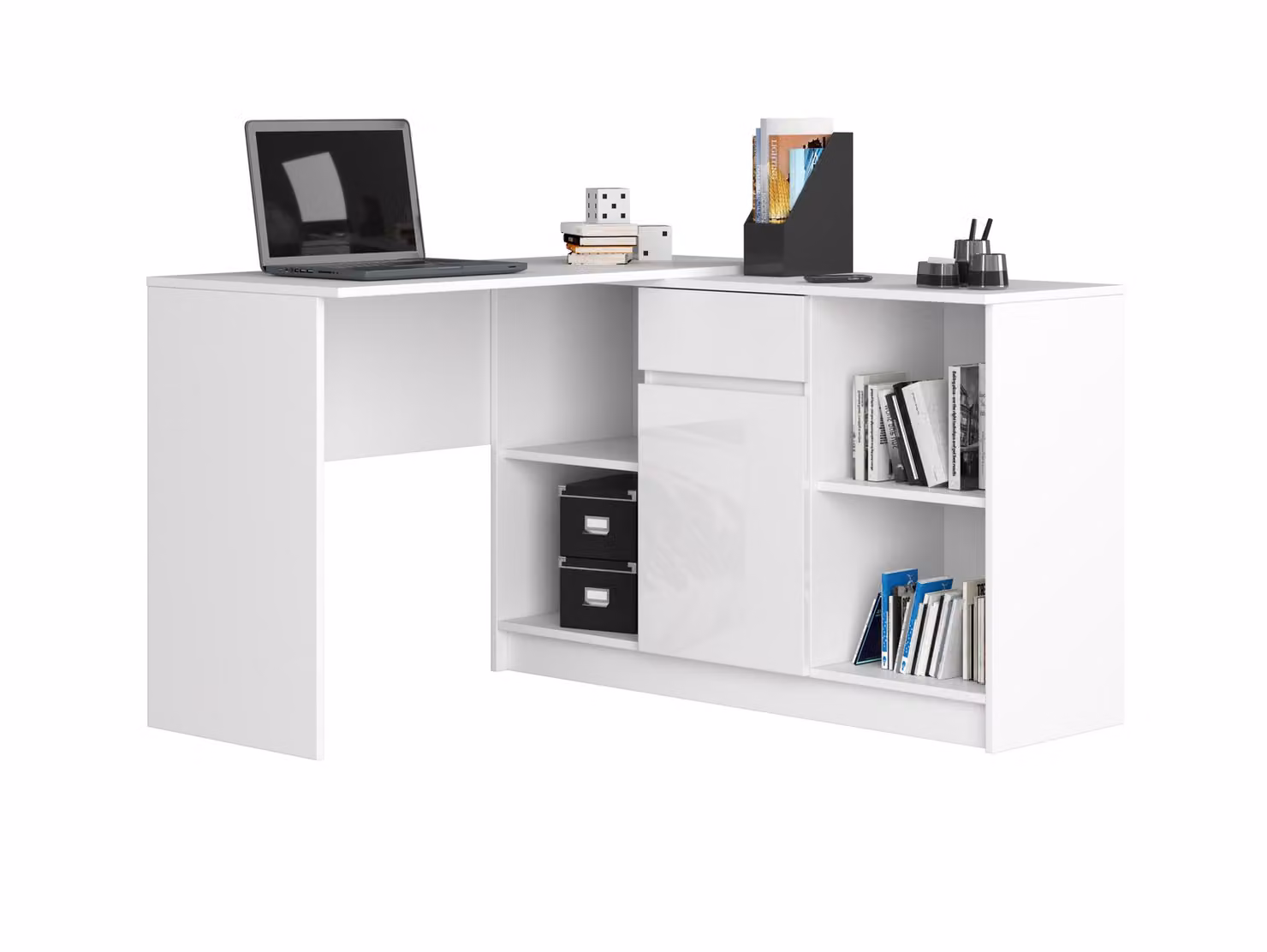 Akord Scrivania Angolare Con Credenza Bianco/Bianco Lucido 120X126X79