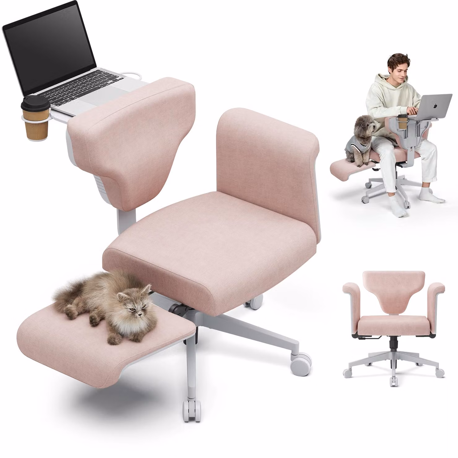 Newtral Freedom-X FB Sedia da ufficio multiposizione con gambe incrociate con tavoletta per computer portatile per la casa e l'ufficio con ruote e supporti Rosa