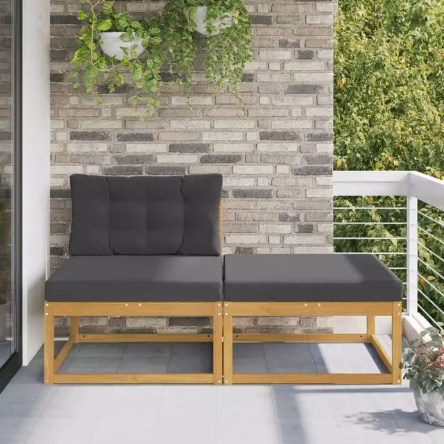 Set di 2 poggiapiedi da esterno vidaXL in legno di acacia e tessuto bianco, design moderno rettangolare L: 83 cm, P: 37 cm, H: 34 cm