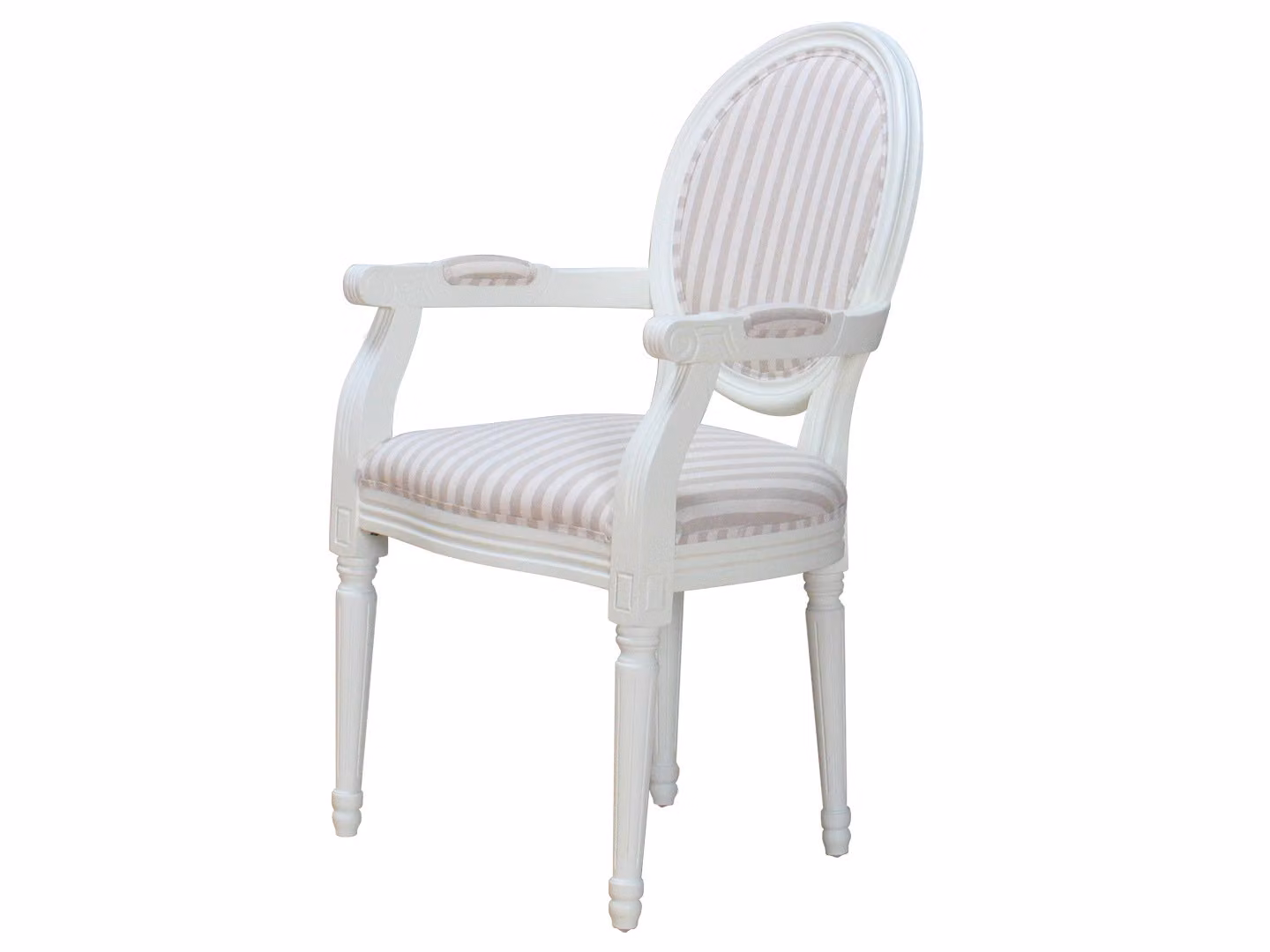 Sedia da pranzo Rococò/Amaretta con braccioli bianco antico, tessuto a righe beige.