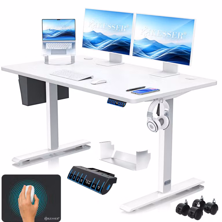 Scrivania regolabile in altezza KESSER®, elettrica, con memoria a 3 posizioni, inclusi rotelle e porta USB