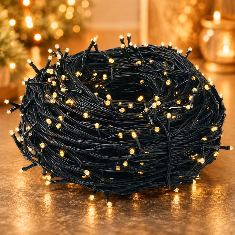 Catena luminosa LED da 100 metri, 500 LED, luce bianca calda, ideale per decorazioni natalizie. Voltaggio: 31V. 8 modalità di illuminazione, timer integrato. Perfetta per l'albero di Natale, il balcone, il giardino o le feste