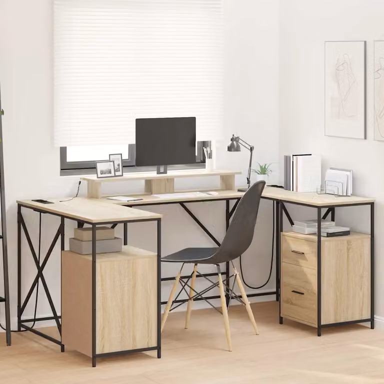 Scrivania da ufficio moderna vidaXL in legno e metallo color rovere, L: 182 cm, P: 101 cm, H: 87,5 cm