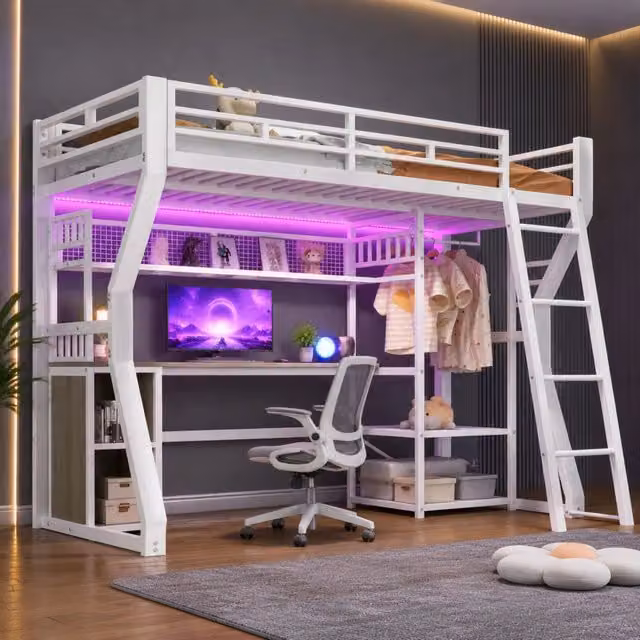 Letto a soppalco ULEVR 90x200 cm con scrivania, area appendiabiti, ripiani, luce regolabile e presa, bianco