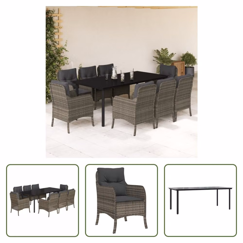 The Living Store Set da pranzo da giardino 9 pezzi con cuscini in poly rattan grigio