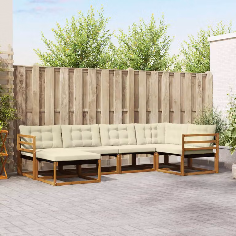Set di divani da esterno vidaXL a forma di L composto da 6 pezzi in legno di acacia con cuscini, colore beige e marrone