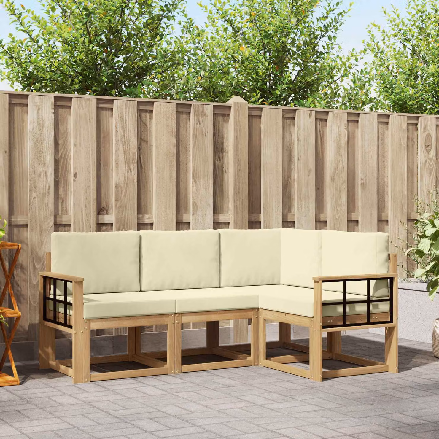 Set di divani da esterno vidaXL a forma di L in legno di acacia con cuscini, Bianco e Beige