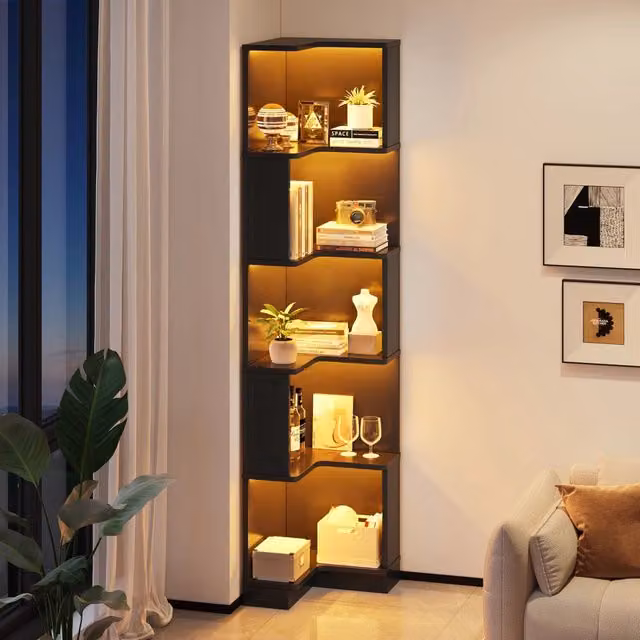 Libreria angolare con LED controllabile via app, 5 ripiani, per studio e ufficio, in MDF, nero, 63,5 × 45 × 175 cm