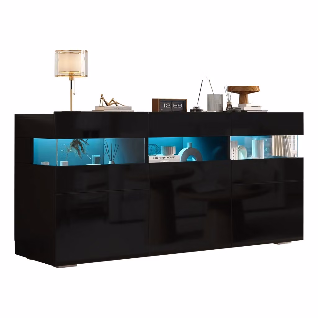Madia moderna Chicfurn per soggiorno con 3 ante, 7 vani e spazio semiaperto con illuminazione LED integrata, finitura lucida nera, L: 140 cm, P: 40.5 cm, H: 66.5 cm – 2