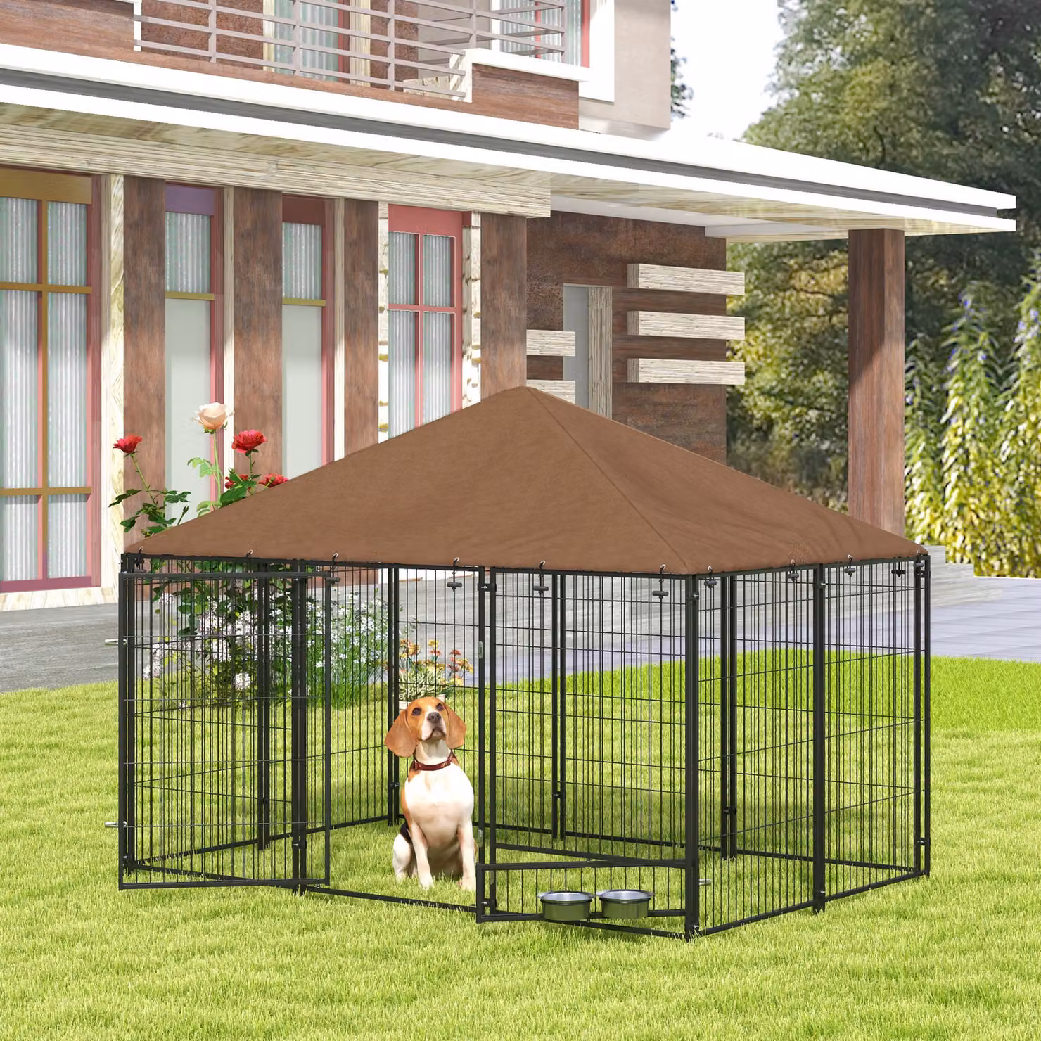 PawHut Recinto per Cani con Porticina per Ciotole in Metallo e Tessuto Oxford, L/P/H: 211 x 141 x 151 cm, Nero e Marrone – 2