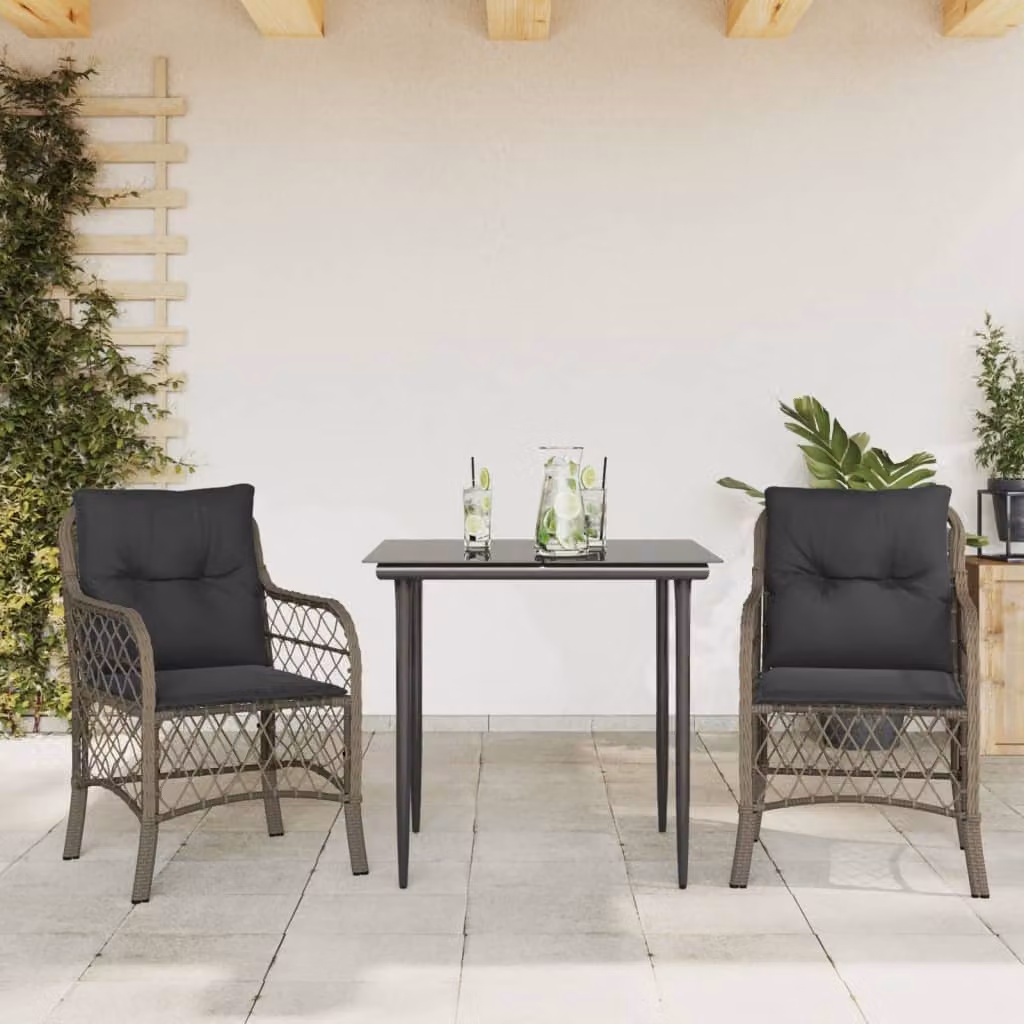 Set da Bistrò vidaXL in Polyrattan con Cuscini Grigio e Nero per Giardino e Balcone – 1