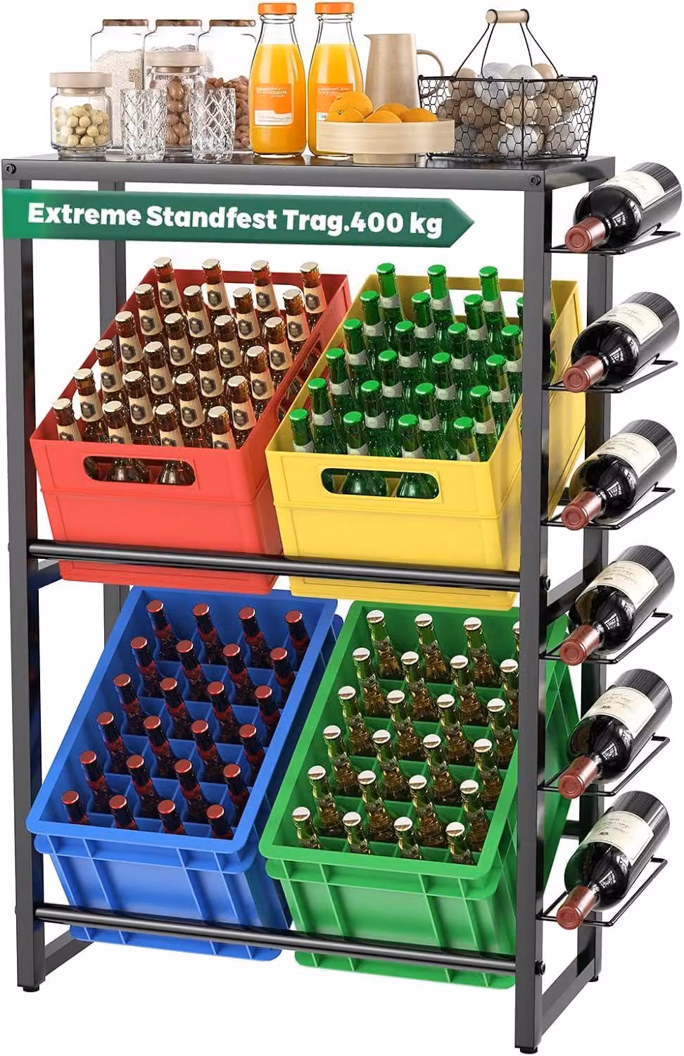 Portariviste per 4 casse di bevande - Capacità di carico: 400 kg - Struttura in metallo - Portabevande - Portariviste per casse di birra - Scaffale portaoggetti - Design moderno e minimalista