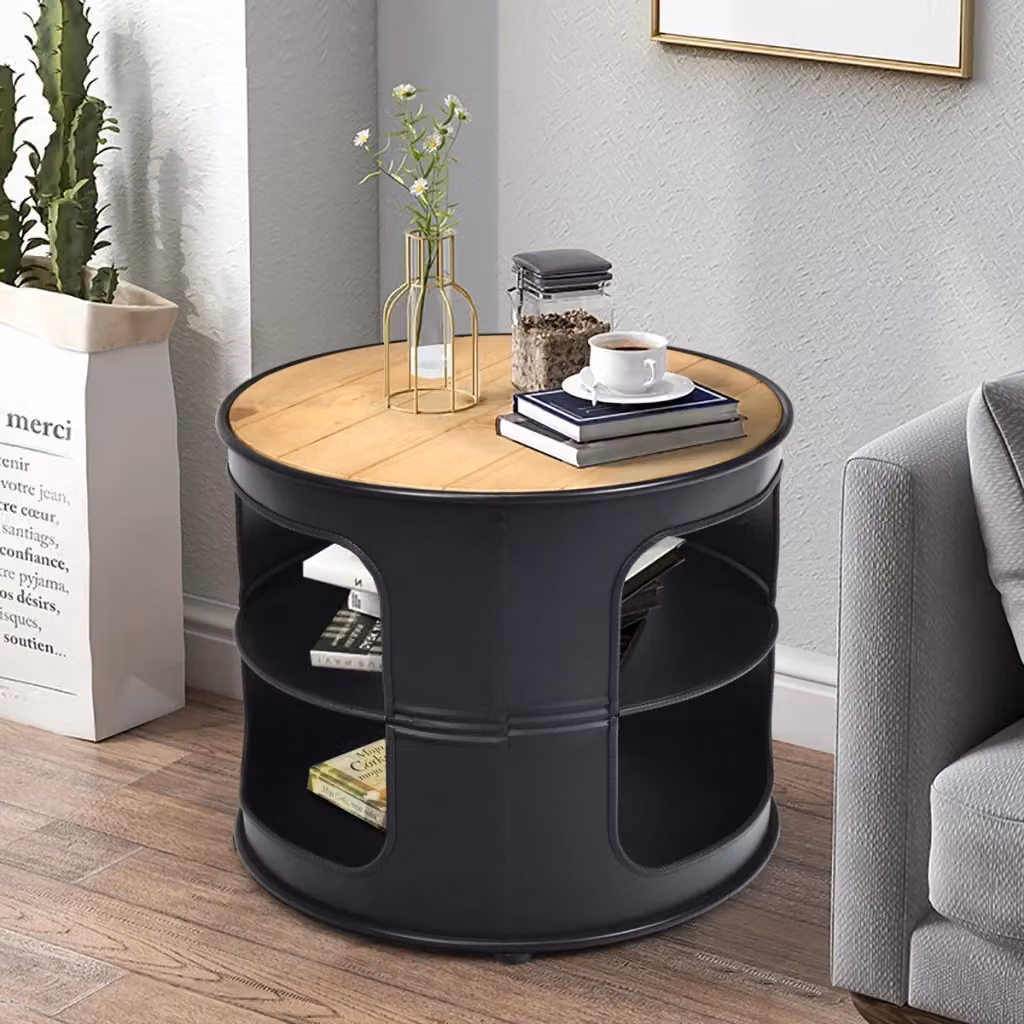 Tavolino da caffè rotondo Design Mania in stile rustico con 2 mensole in legno di abete e struttura in metallo nero, Colore: Marrone/Nero, L/P/H: 50 x 50 x 41,5 cm – 2