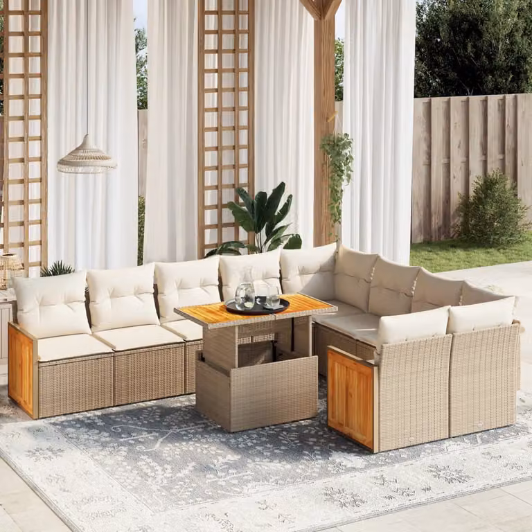 vidaXL Set Divano da Giardino 10 pz a Forma a L in Polyrattan Beige con Cuscini e Tavolino da Caffè