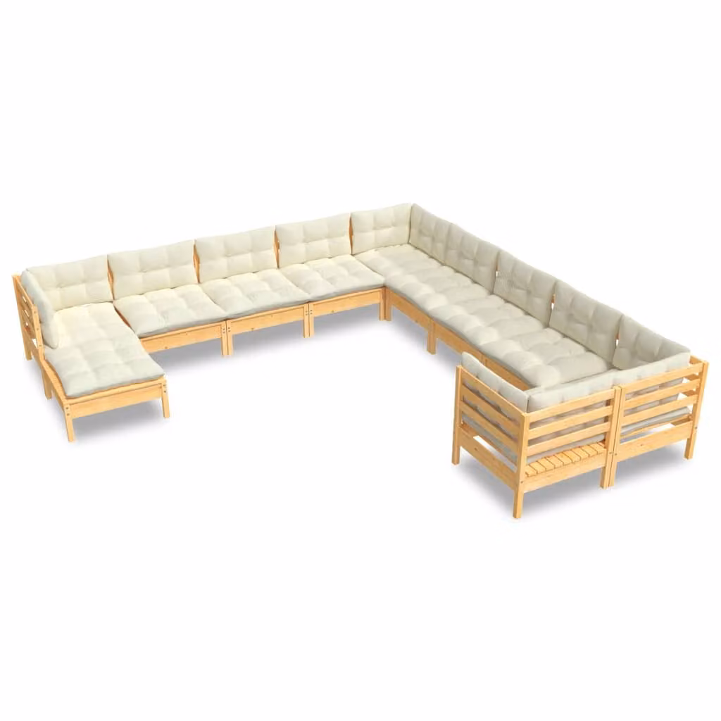 Set Divani da Giardino 11 pz con Cuscini Crema Massello di Pino