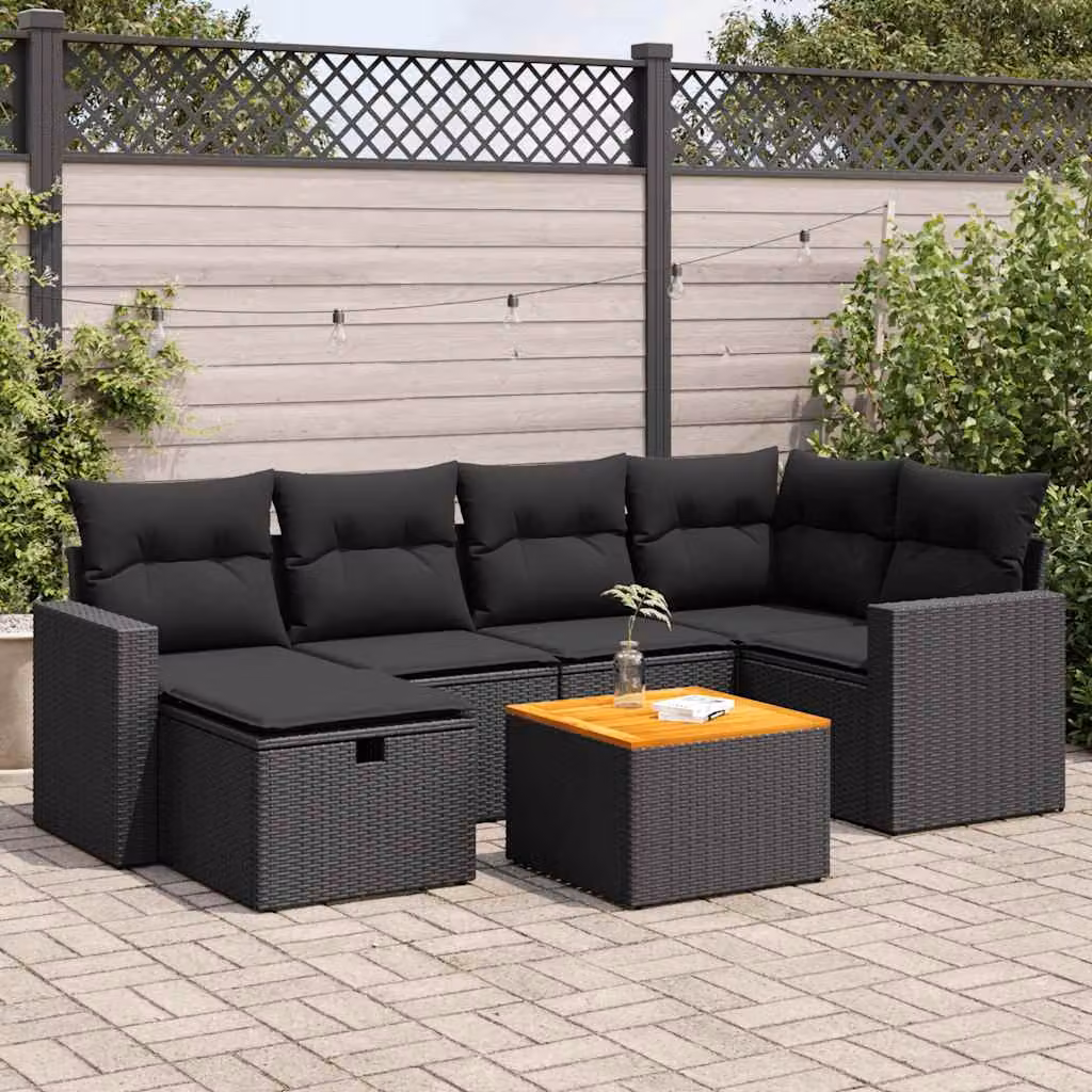 Set da giardino vidaXL composto da 7 pezzi con divano angolare, poltrona, tavolino e pouf in rattan e legno di acacia, colore nero e marrone
