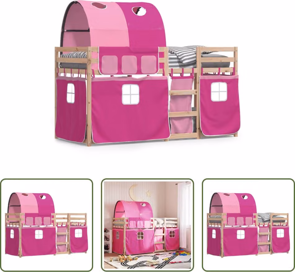 The Living Store Letto a castello con tende rosa 90x200 cm in legno di pino massiccio