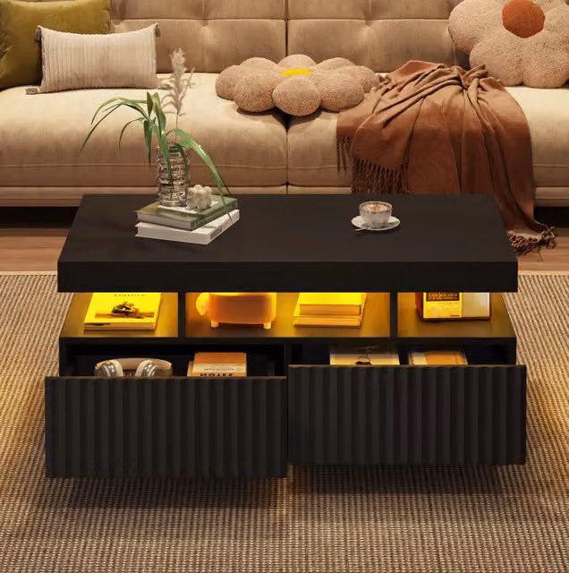 Tavolino da salotto 100x50x45 cm con due cassetti; luce LED; in pannello truciolare; nero