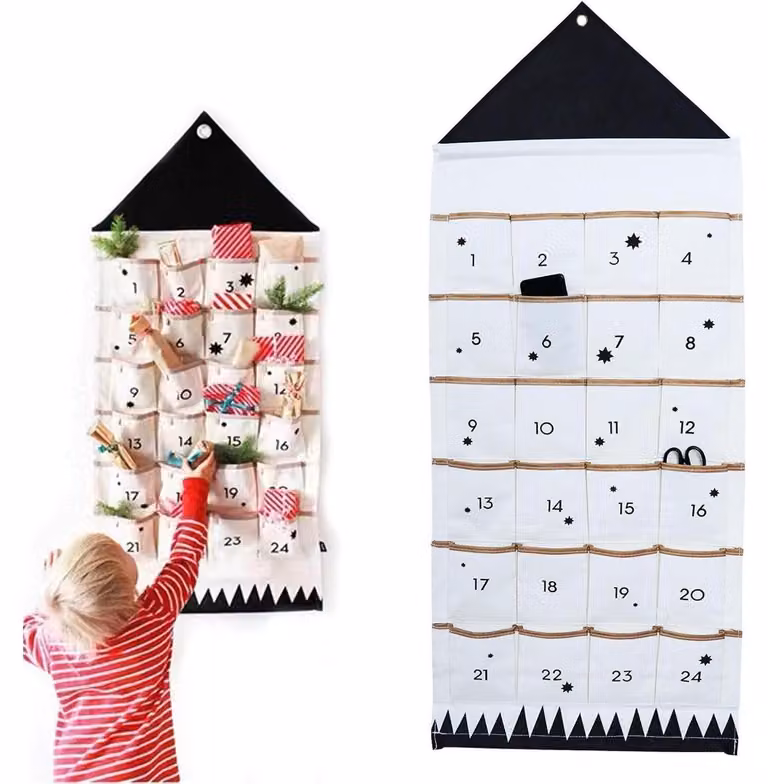 Calendario dell'Avvento in tessuto, 50x120 cm, 24 tasche, arazzo da parete, colore nero