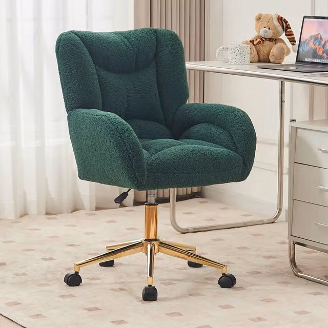 Sedia da ufficio girevole MIVRAY in tessuto bouclé verde con base in metallo dorato, Altezza: 92,5 cm, L: 62 cm, P: 64 cm – 1