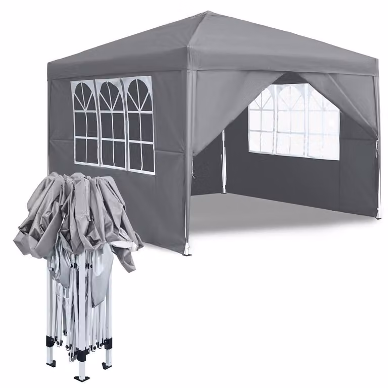 Gazebo da giardino 3x3 metri, impermeabile, con 4 pannelli laterali e finestre, pieghevole, protezione UV, colore grigio