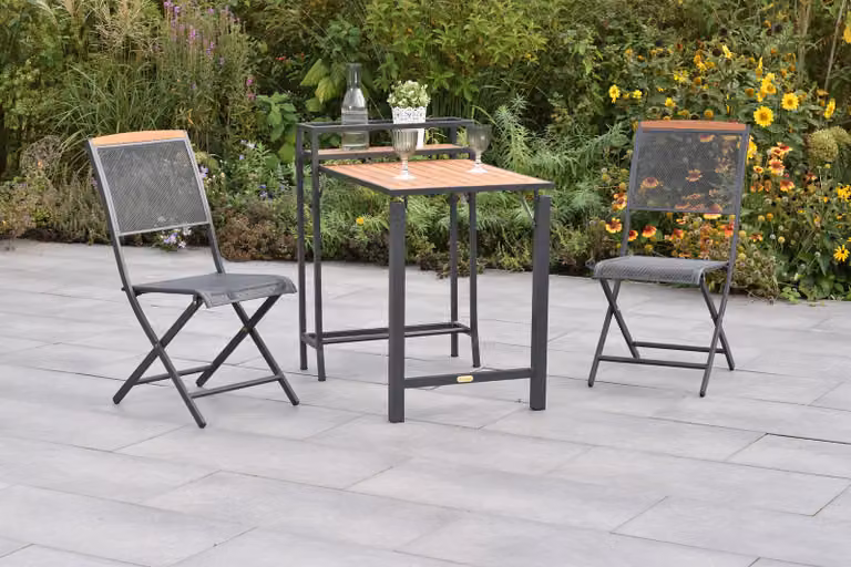 Set di mobili da giardino Merxx Patmos, 3 pezzi: 2 sedie pieghevoli, 1 tavolo pieghevole da balcone in alluminio/acciaio/acacia