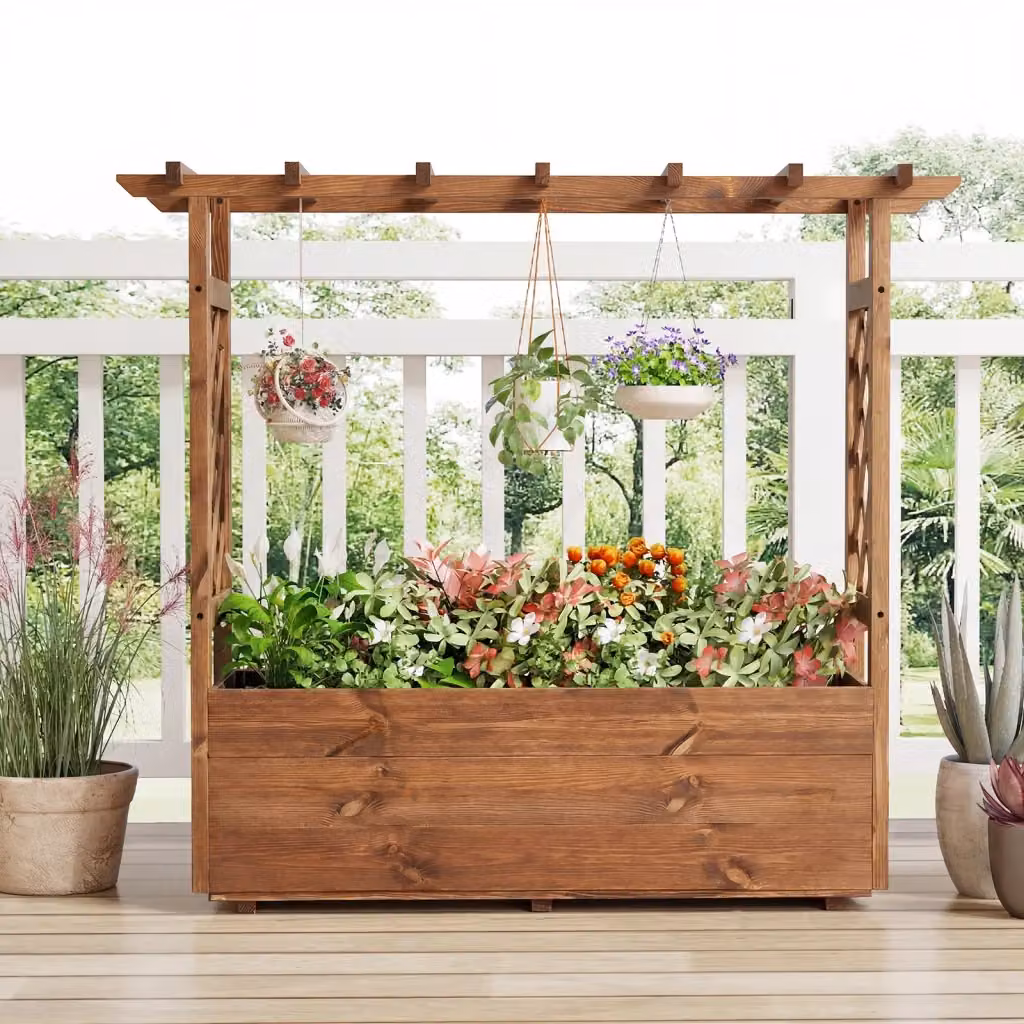 Letto da giardino rialzato in legno arancione con tetto pensile per rampicanti e fori di drenaggio per uso interno ed esterno – 2