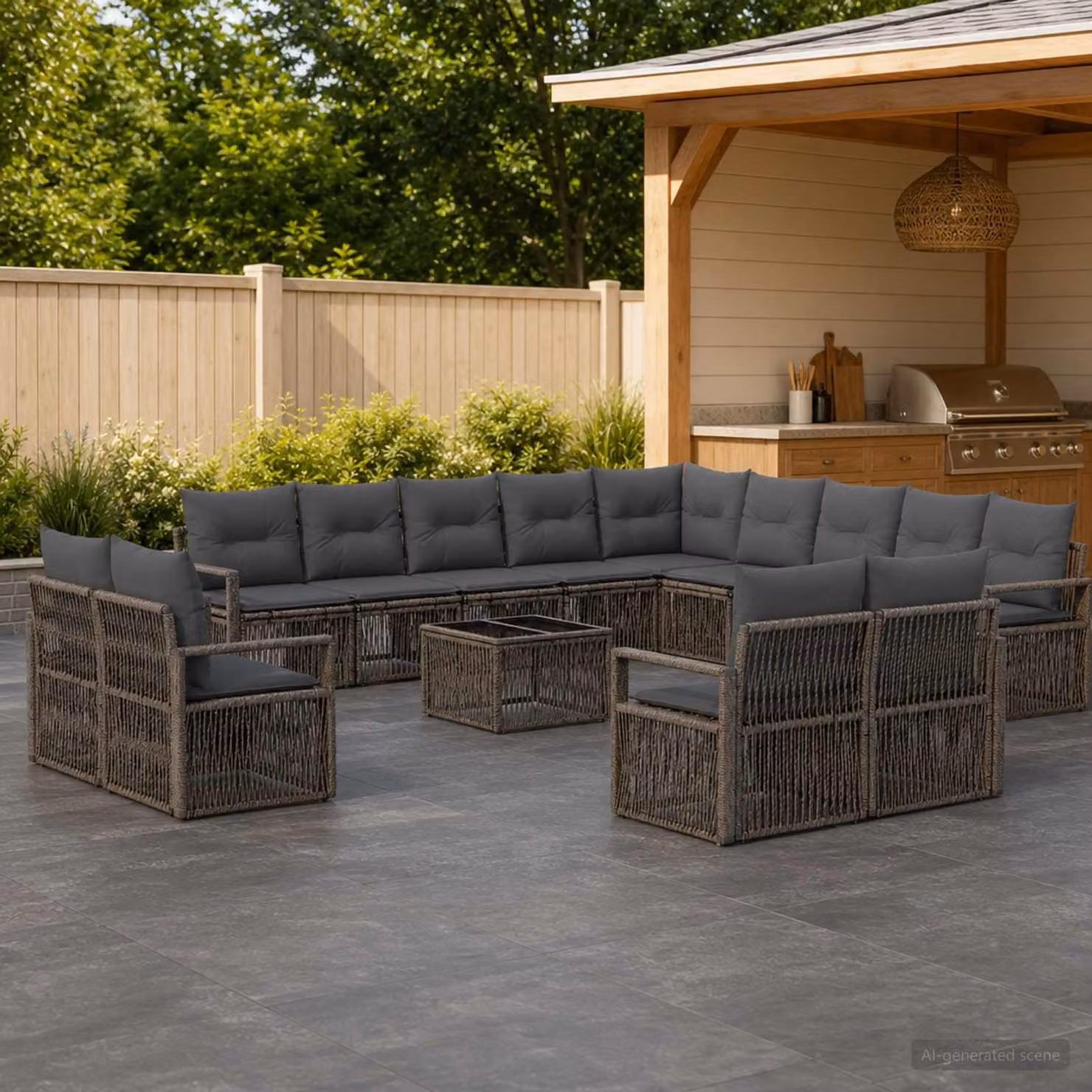 Set Divano da Giardino vidaXL 14 pz Grigio in Polyrattan con Cuscini e Tavolino