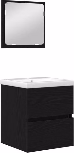 Set di mobili per il bagno moderno composto da mobile lavabo e armadietto specchio in finitura rovere nero e bianco, sospesi a parete, L/P/H: 76,7 x 45 x 42 cm – 1