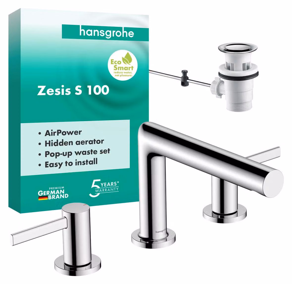 hansgrohe Zesis S robinetterie de lavabo 3 trous avec vidage à tirette, portée 164mm, 74733000, 74733000