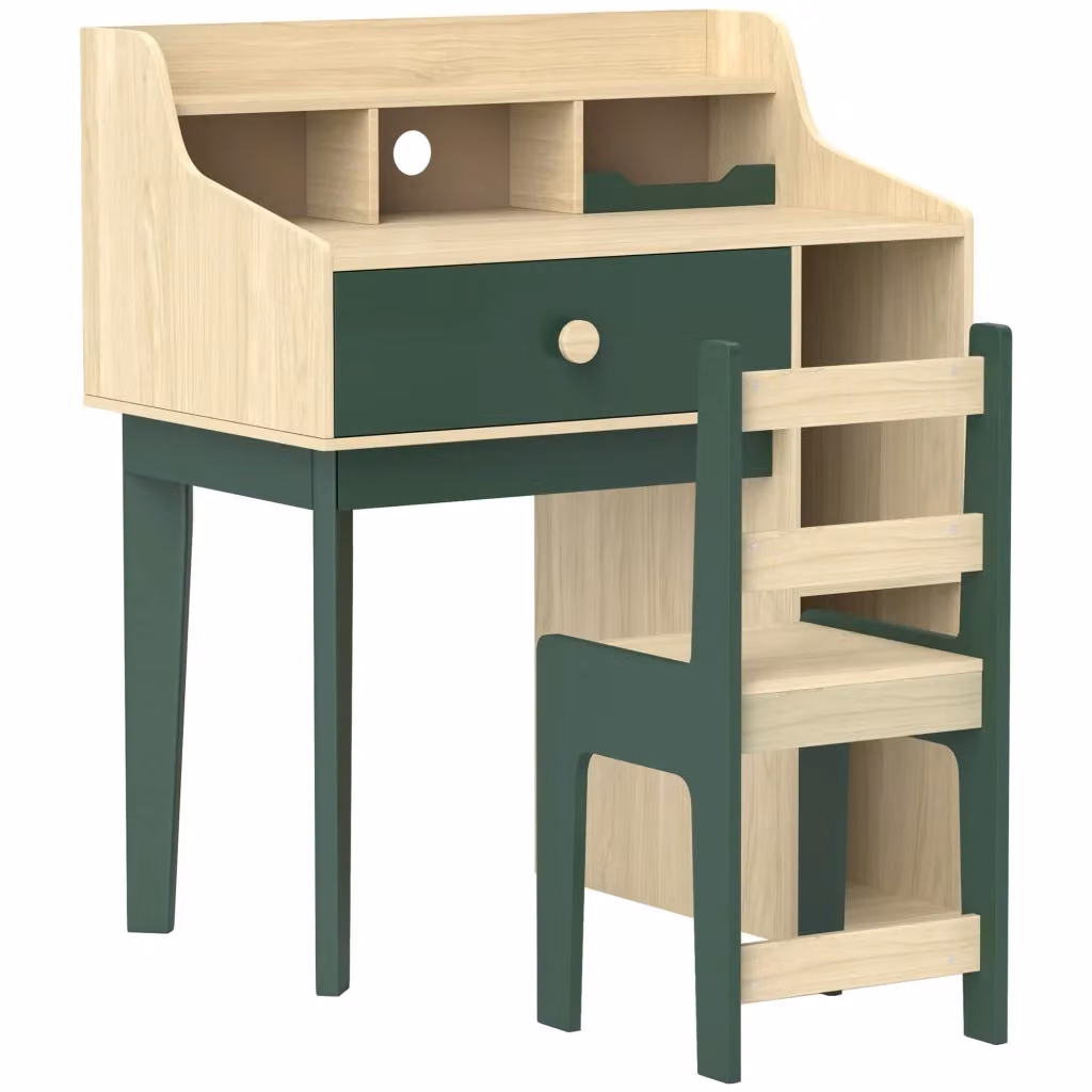 Set scrivania per bambini ZephMum con sedia, scaffale e cassetto, colore verde, L 90 cm x P 50 cm x H 75 cm – 2