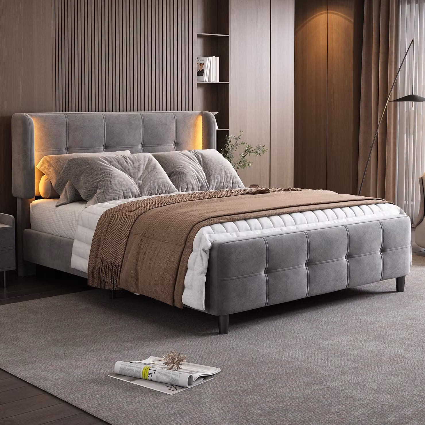 Letto imbottito Merax 140x200 cm con LED e paraorecchie laterali, letto matrimoniale in velluto con poggiatesta regolabile in altezza, struttura in metallo, design trapuntato, colore grigio