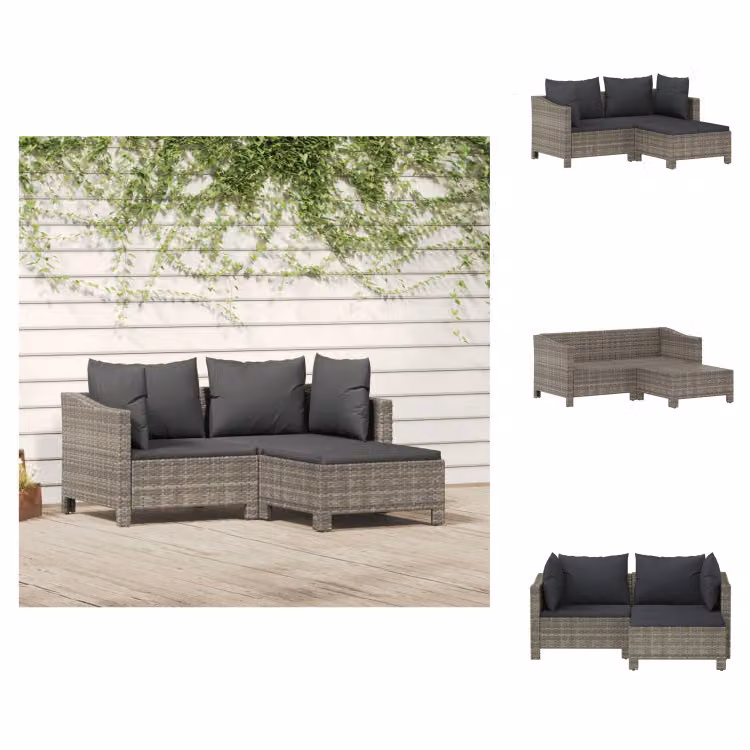 vidaXL Set 3 pezzi da giardino con cuscini in poly rattan grigio - Set di mobili da giardino