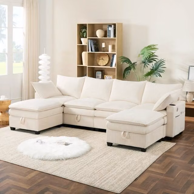 Divano modulare a forma di U beige in velluto a coste con ricarica USB, portabicchieri e pouf coordinato