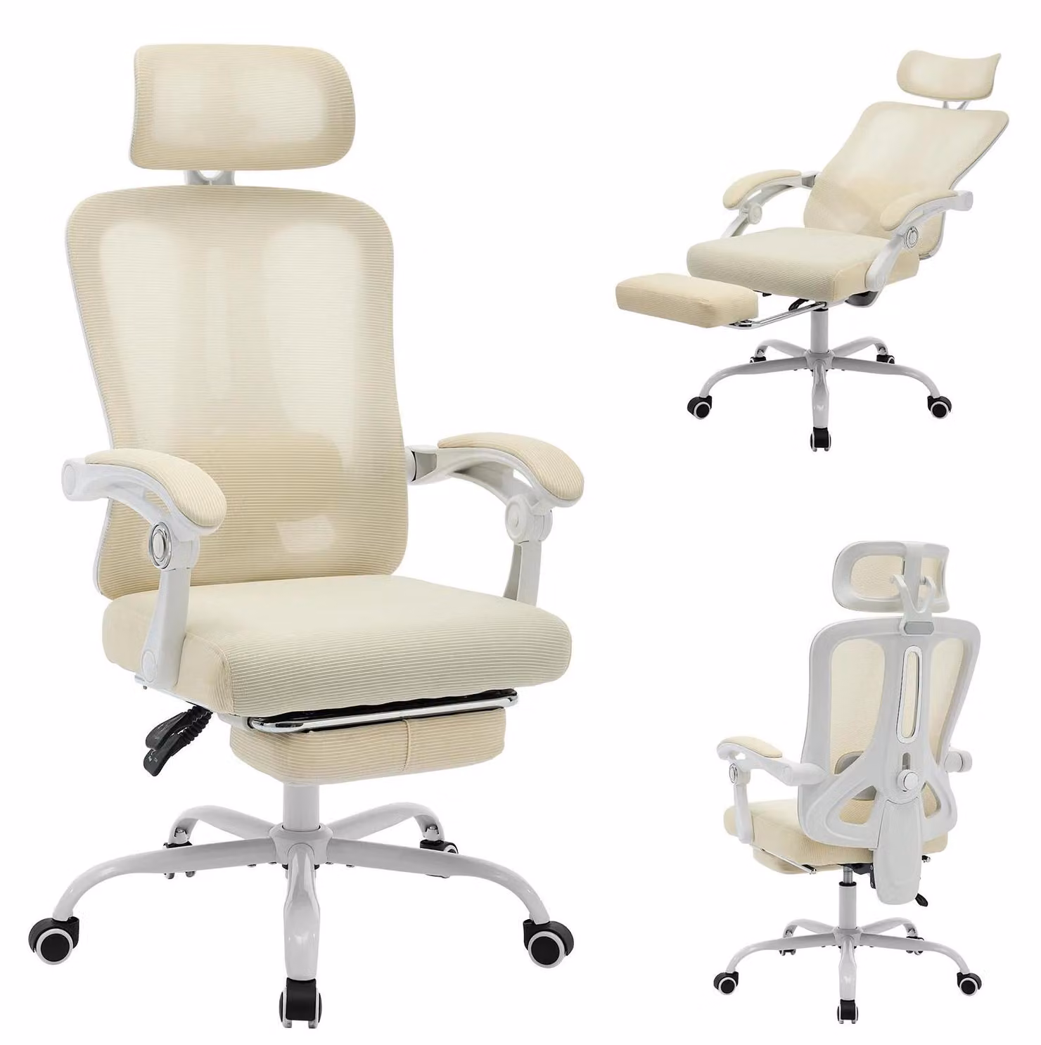 Sedia da ufficio ergonomica - Sedia girevole da scrivania - Supporto lombare regolabile - Poggiapiedi ribaltabile - Schienale alto in rete - Seduta imbottita - Beige