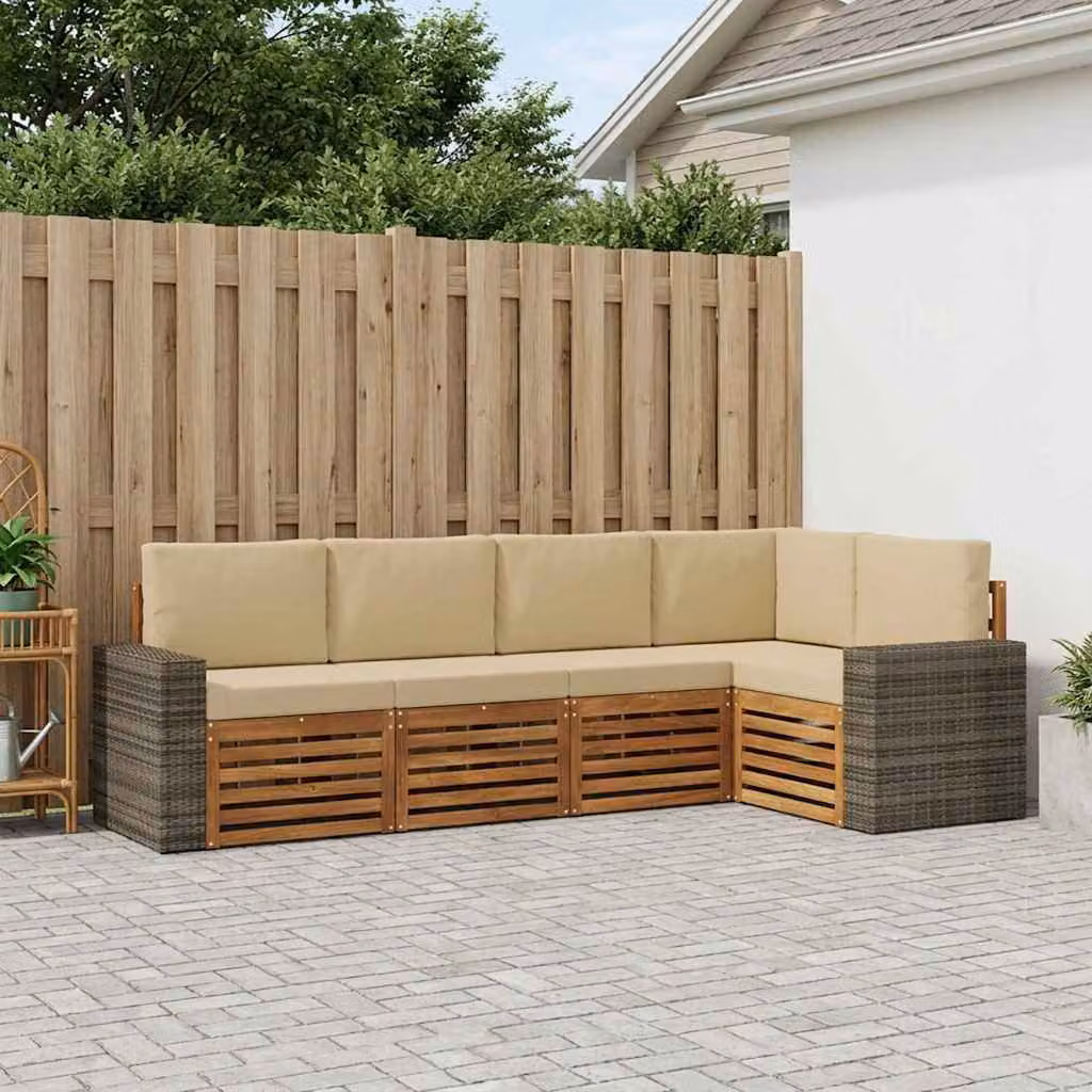 Set di divani da esterno a L vidaXL in legno di acacia con cuscini, beige e marrone