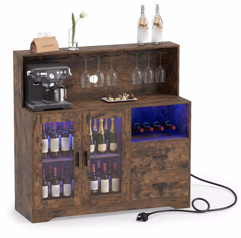 Mobiletto da cucina COSTWAY, credenza con presa di corrente e illuminazione LED, mobiletto contenitore con piano di lavoro, 2 ante scorrevoli e 2 cassetti, dimensioni 120 x 40 x 115,5 cm, colore marrone