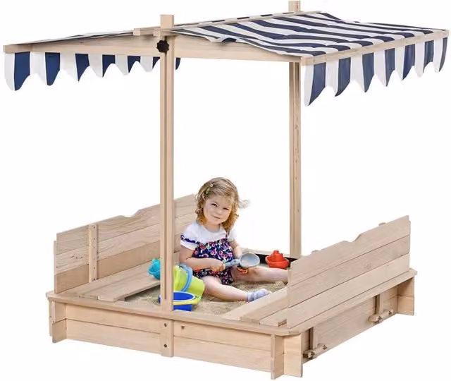 Sabbiere per bambini con tetto parasole regolabile in altezza, bianco e blu, L/P/H: 106 x 106 x 121 cm