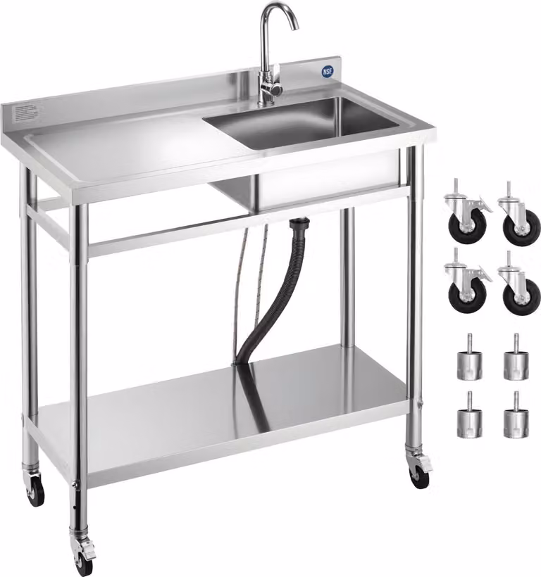 Lavello da ristorazione - Lavello da cucina in acciaio inox a vasca singola - Con rubinetto - Con rotelle - Indipendente - Piano di lavoro a sinistra - 100 x 50 x 105,5 cm - Per interni ed esterni
