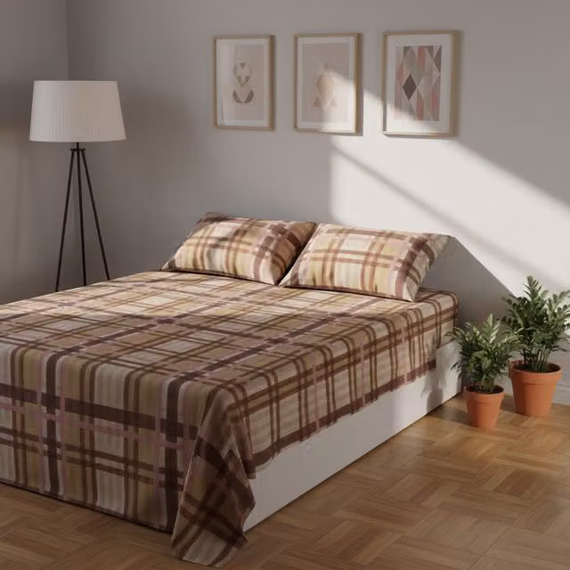 Completo letto matrimoniale KASANOVA in flanella di cotone marrone con motivo tartan, 180x200 cm
