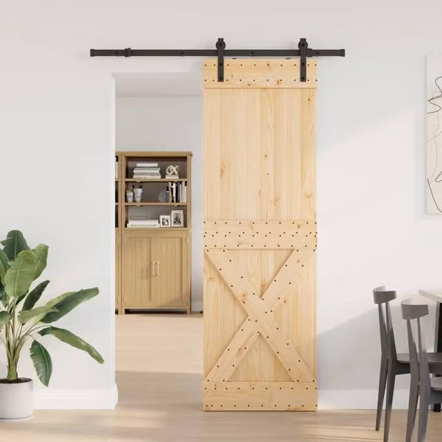 Porta scorrevole moderna vidaXL NARVIK in legno e acciaio, Colore Naturale e Nero, L: 70 cm, H: 210 cm, Apertura: 152,5 cm