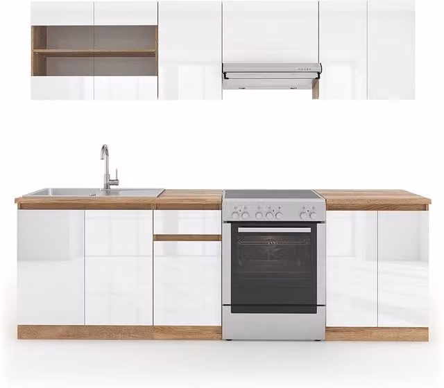 Cucina componibile R-Line Bianco lucido/Bianco 240 cm, PL Sonoma Vicco