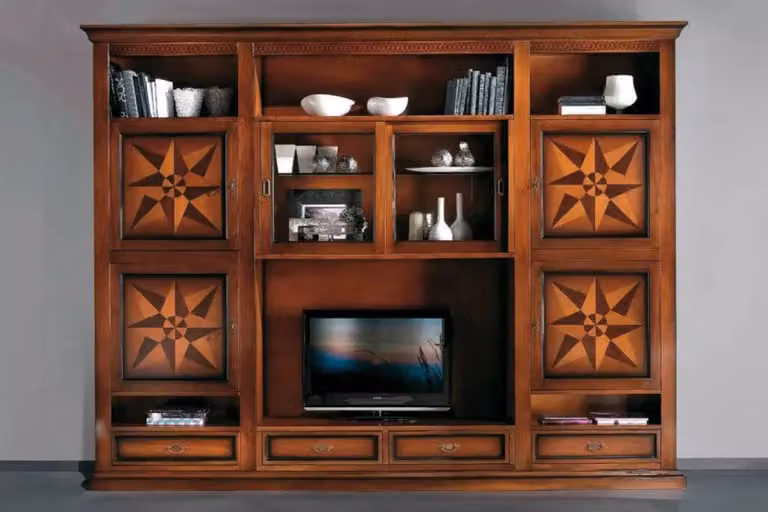 Parete attrezzata porta tv Mobili 2G in legno e vetro color noce L: 306 cm, P: 43 cm, H: 236 cm