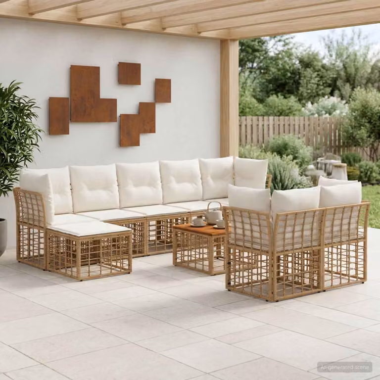 vidaXL Set di divani da esterno 10 pezzi per 9 persone, design moderno a forma di U con struttura in acciaio e legno di acacia, colori beige, bianco e marrone