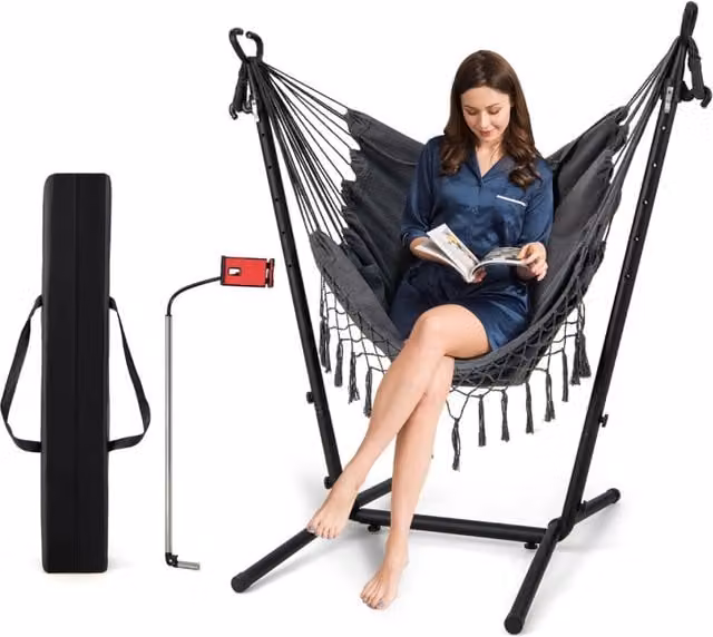 Sedia amaca sospesa Design Mania con supporto regolabile, cuscino e tasca laterale, Grigio – 1
