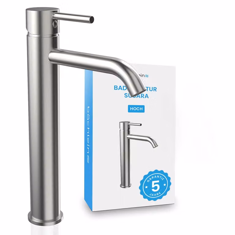 Rubinetto da bagno Bächlein Susara alto con bocca curva, miscelatore monocomando di design extra alto per lavabo da appoggio con cartuccia Vetroceramica resistente e set di installazione, rubinetto da bagno in acciaio inox spazzolato